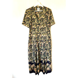 Vintage Leslie Fay Maxi Dress 10 Green Floral Cottage Core Short Sleeve Buttons